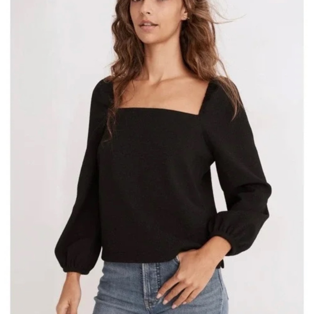 Madewell Crepe Square-Neck Puff-Sleeve Long Sleeve Top True Black Size Small - Picture 1 of 8